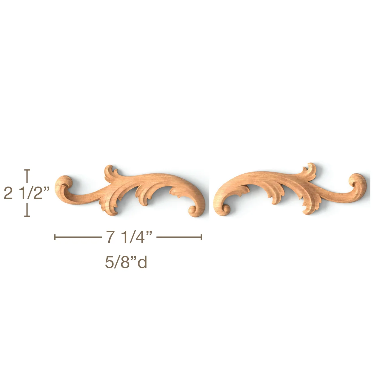 Acanthus Scrolls, Left & Right Pair, 7 1/4"w x 2 1/2"h x 5/8"d