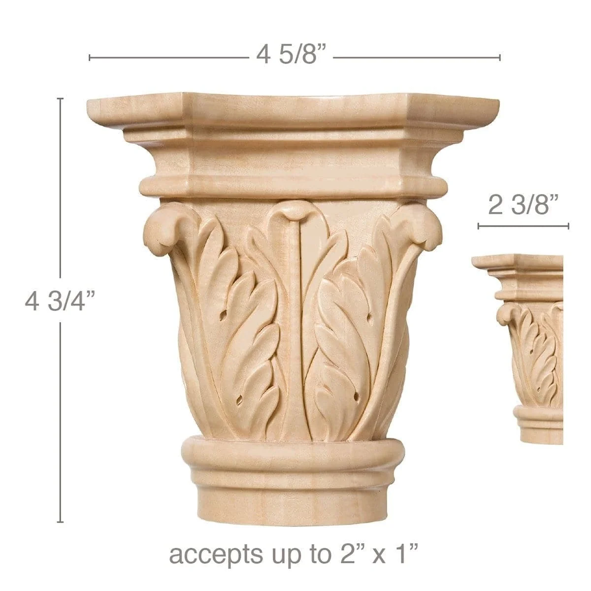 Large Acanthus Capital, 4 5/8''w x 4 3/4''h x 2 3/8''d, (accepts up to 2"w x 1"d), Sold 2 per package