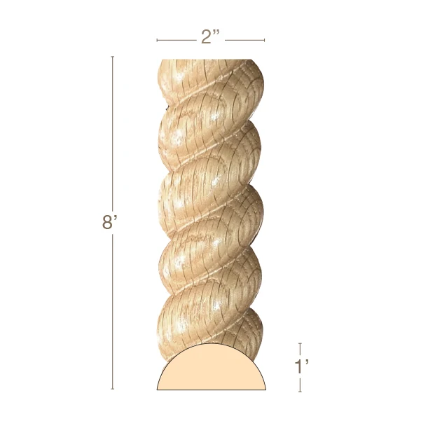 Large Rope Half Round Lineal, 2''w x 1''d x 8' length, Sold in pairs, Resin is priced per 8' length