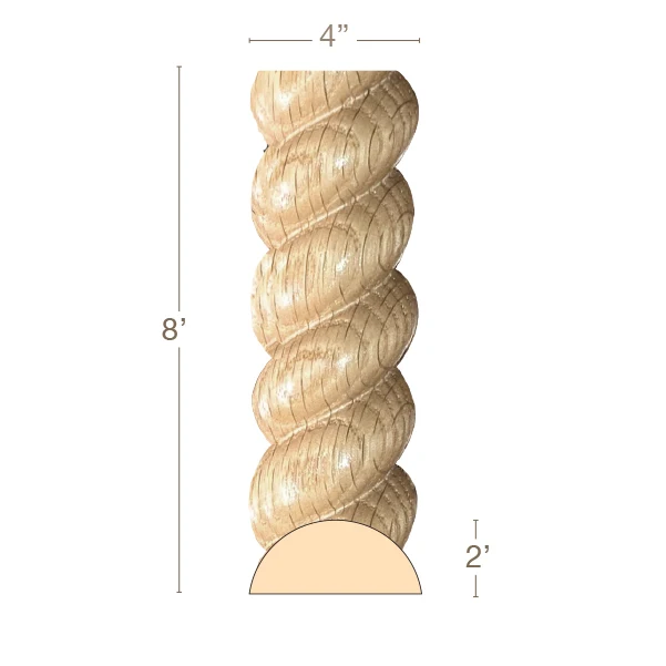 Large Rope Moulding, 4"w x 2"d x 8' length, Sold in pairs, Resin is priced per 8' length