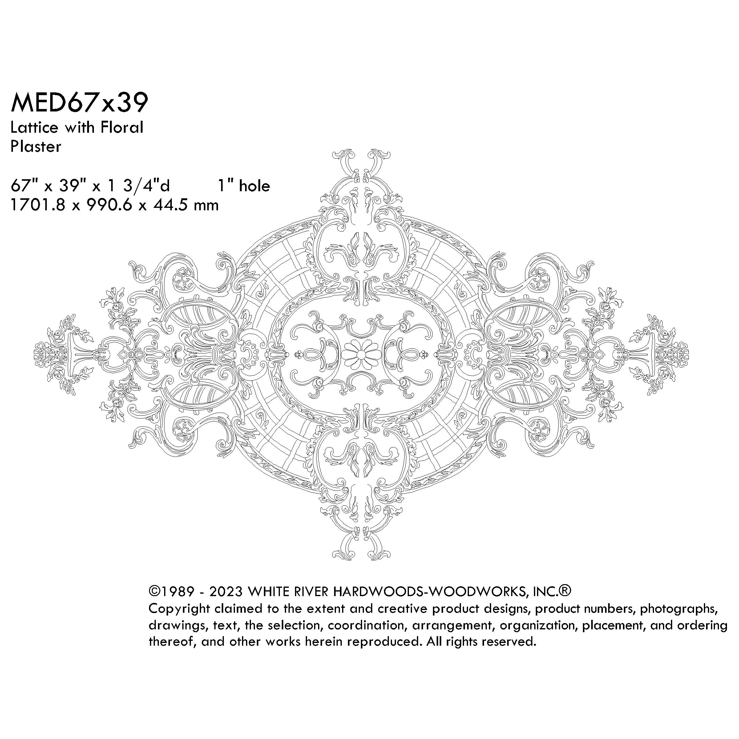 Lattice with Floral Medallion, 67'' x 39"x 1 3/4"d, 2 pieces, 1'' center hole, Plaster - Image 3