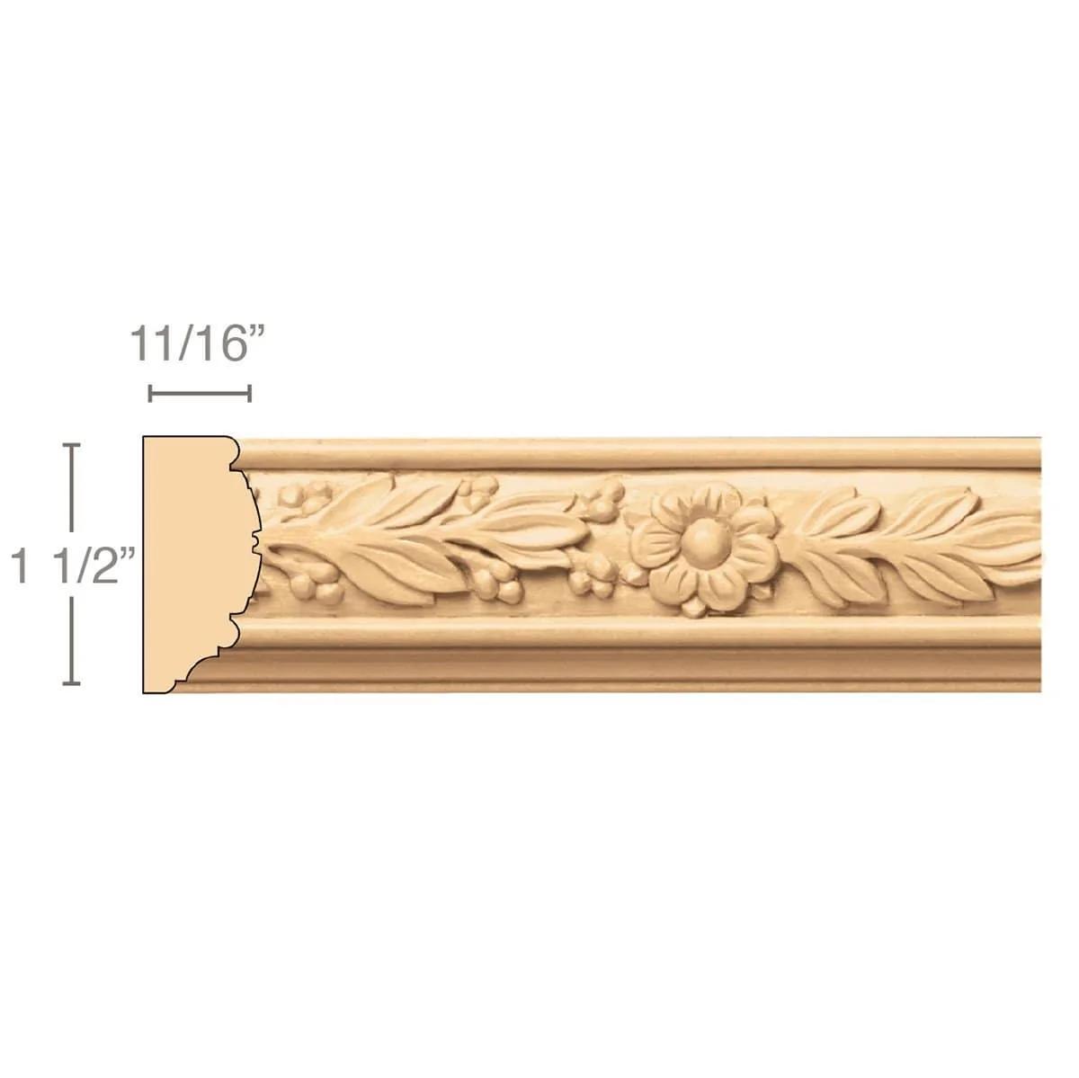 Laurel with Rosette (Repeats 5 5/8), 1 1/2''w x 11/16''d x 8' length, Resin is priced per 8' length