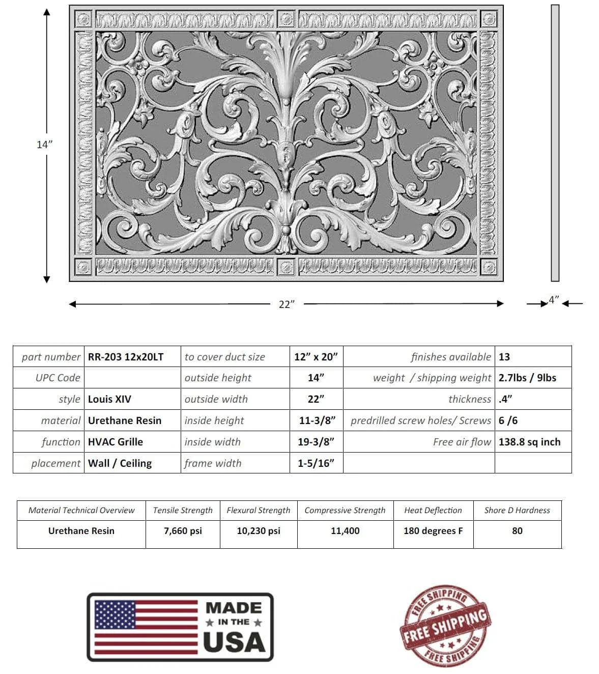 Louis XIV style grille for Duct Size of 12"- Please allow 1-2 weeks. - Image 3