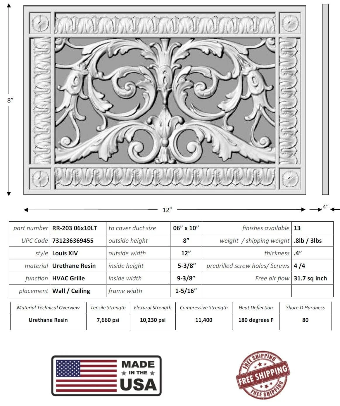 Louis XIV style grille for Duct Size of 6"- Please allow 1-2 weeks. - Image 7
