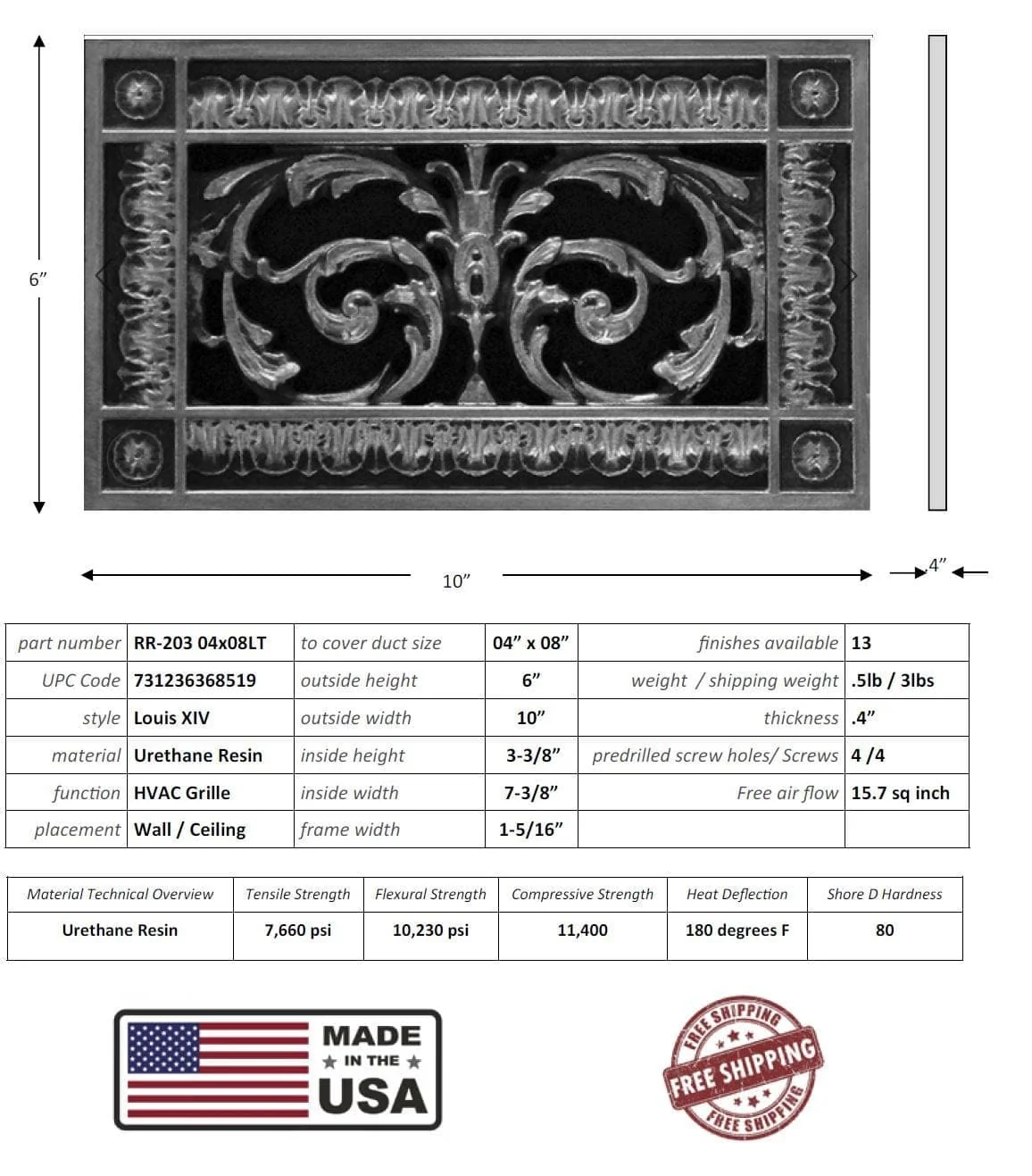 Louis XIV style grille for Duct Size of 4"- Please allow 1-2 weeks. - Image 13