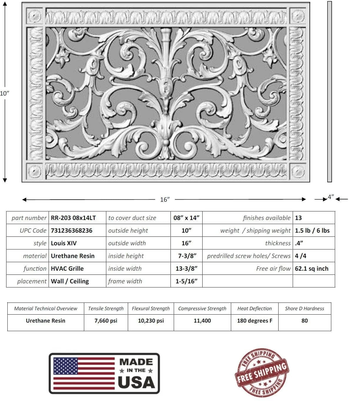 Louis XIV style grille for Duct Size of 8"- Please allow 1-2 weeks. - Image 4