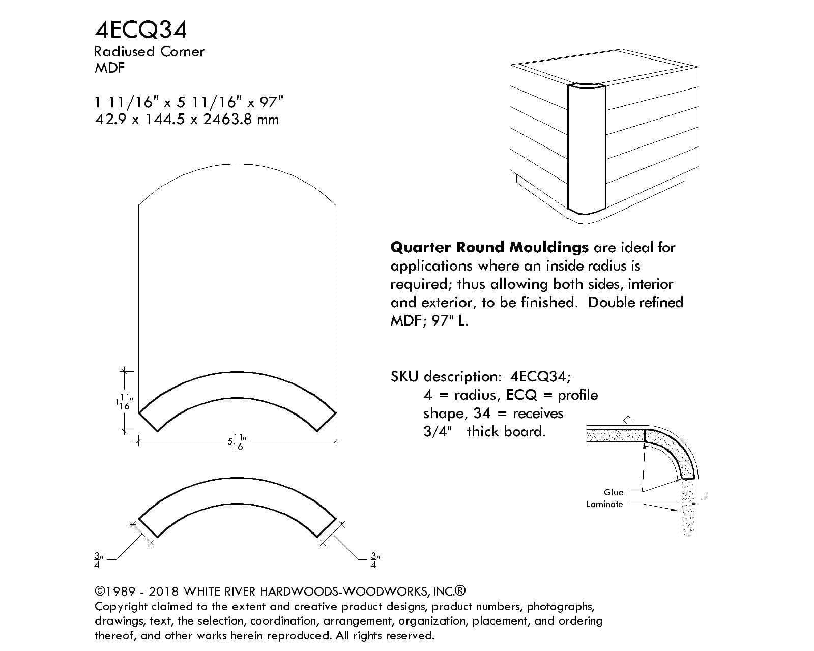 MDF Radius Corners, Econo Qtr Rnd (accepts 3/4" plywood), 4" Radius, 5 11/16"W x 1-11/16"D x 97"L - Image 3