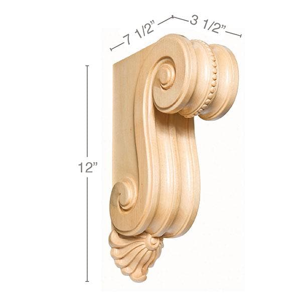 Medium Scrolled Bracket Corbel, 3 1/2''w x 12''h x 7 1/2''d