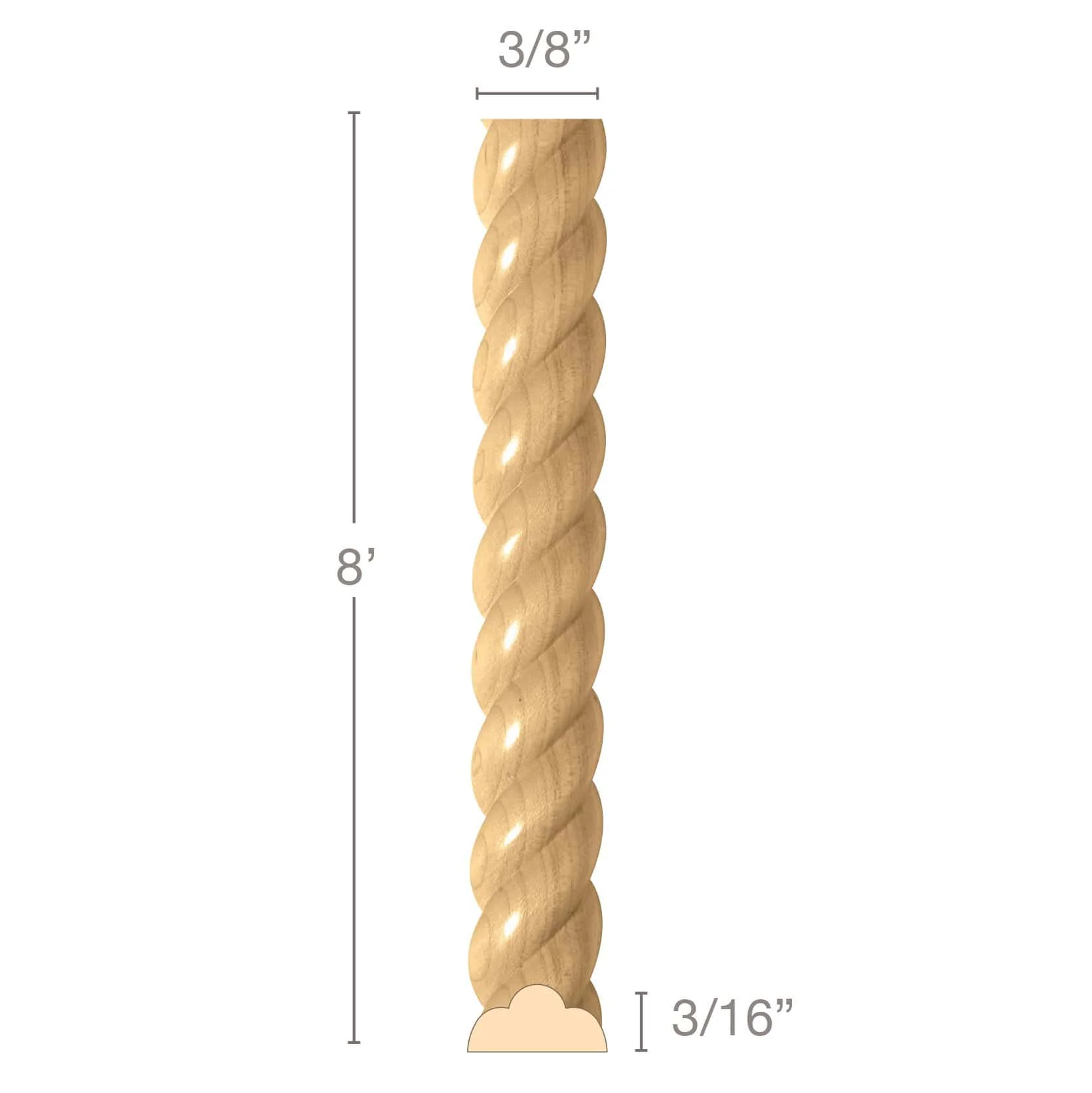 Rope Half Round, 3/8"w x 3/16"d x 8' length, Resin is priced per 8' length