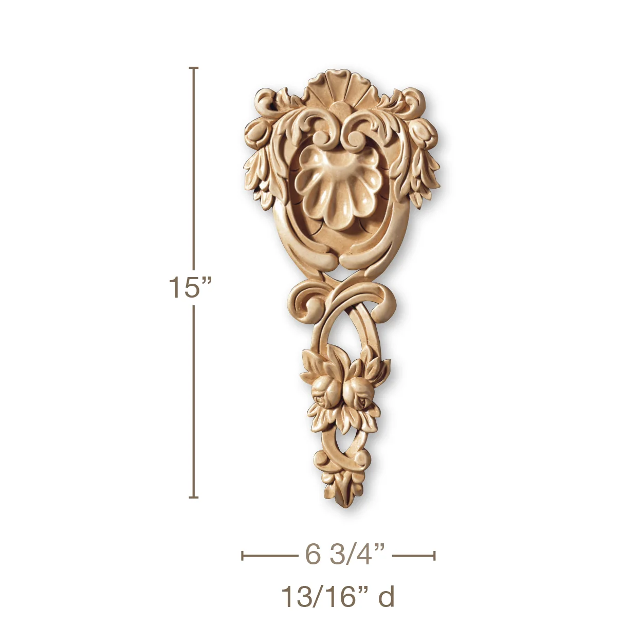 Shell & Floral Drop, Lindenwood, 6 3/4"w x 15"h x 13/16"d