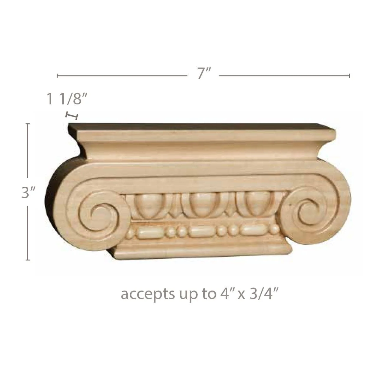 Small Ionic Capital (accepts up to 3/4" x 4" ), 7''w x 3''h x 1 1/8''d