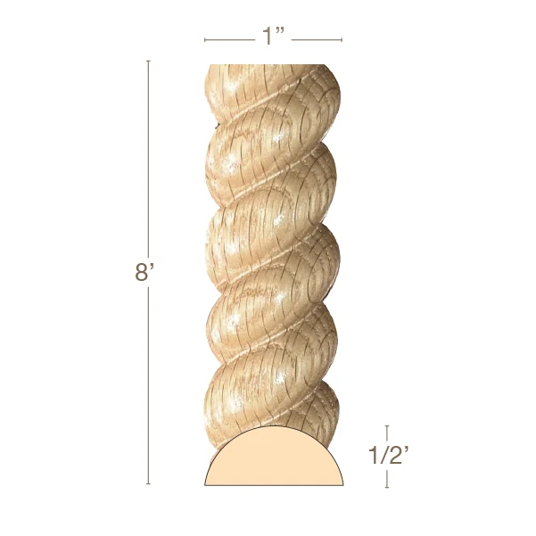 Small Rope Half Round Lineal, 1''w x 1/2''d x 8' length, Resin is priced per 8' length