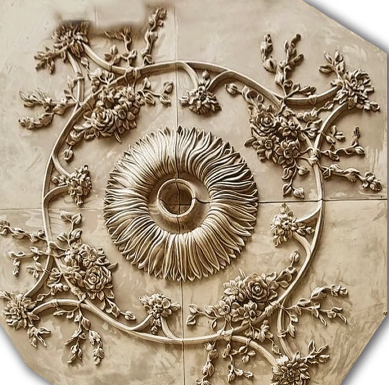 Vases with Roses Medallion, 84'' dia x 3''d, 4 pieces, 4'' center hole, Plaster